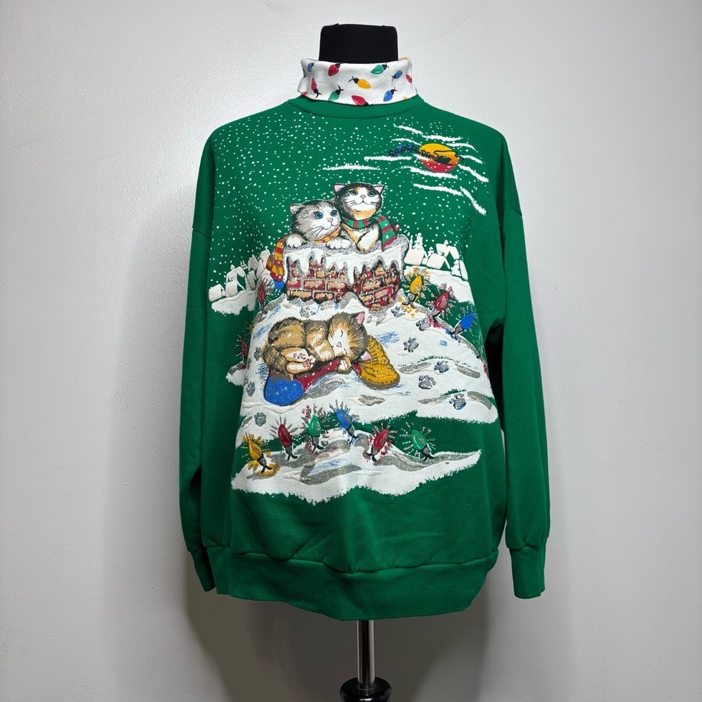 Vintage Nutcracker Cat Christmas Sweatshirt Green XL